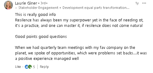 A comment in LinkedIn with a thoughtful takeaway